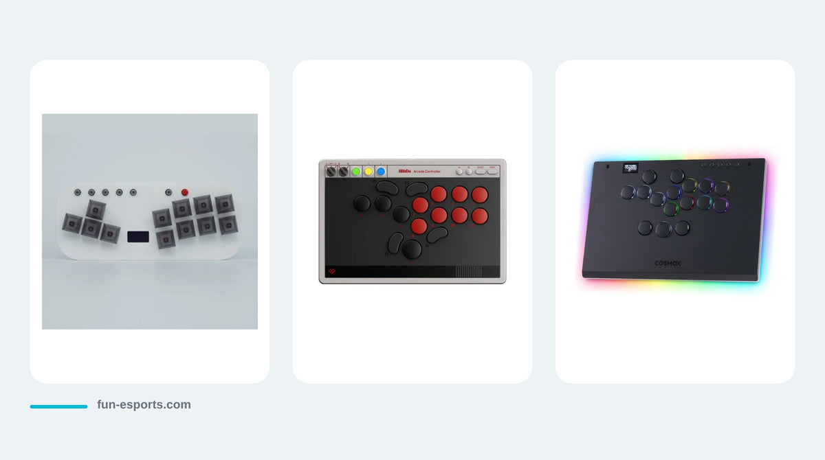 Trois manettes leverless : hitbox compacte, 8BitDo Arcade Controller et Haute42 M Ultra