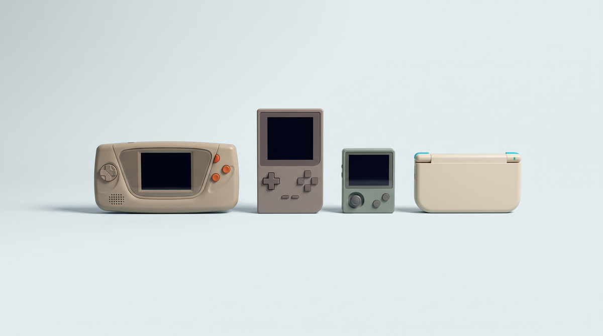 Quatre consoles portables rétro de formats différents alignées côte à côte