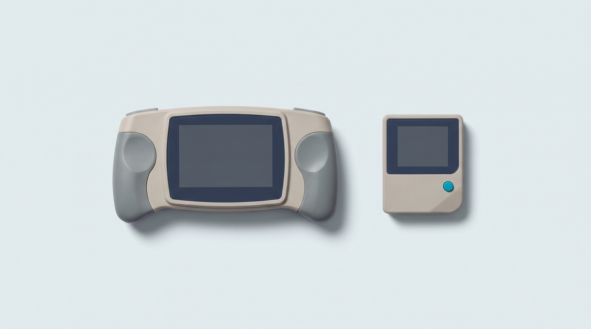 Deux petites consoles portables rétro côte à côte, une horizontale à poignées et une format poche
