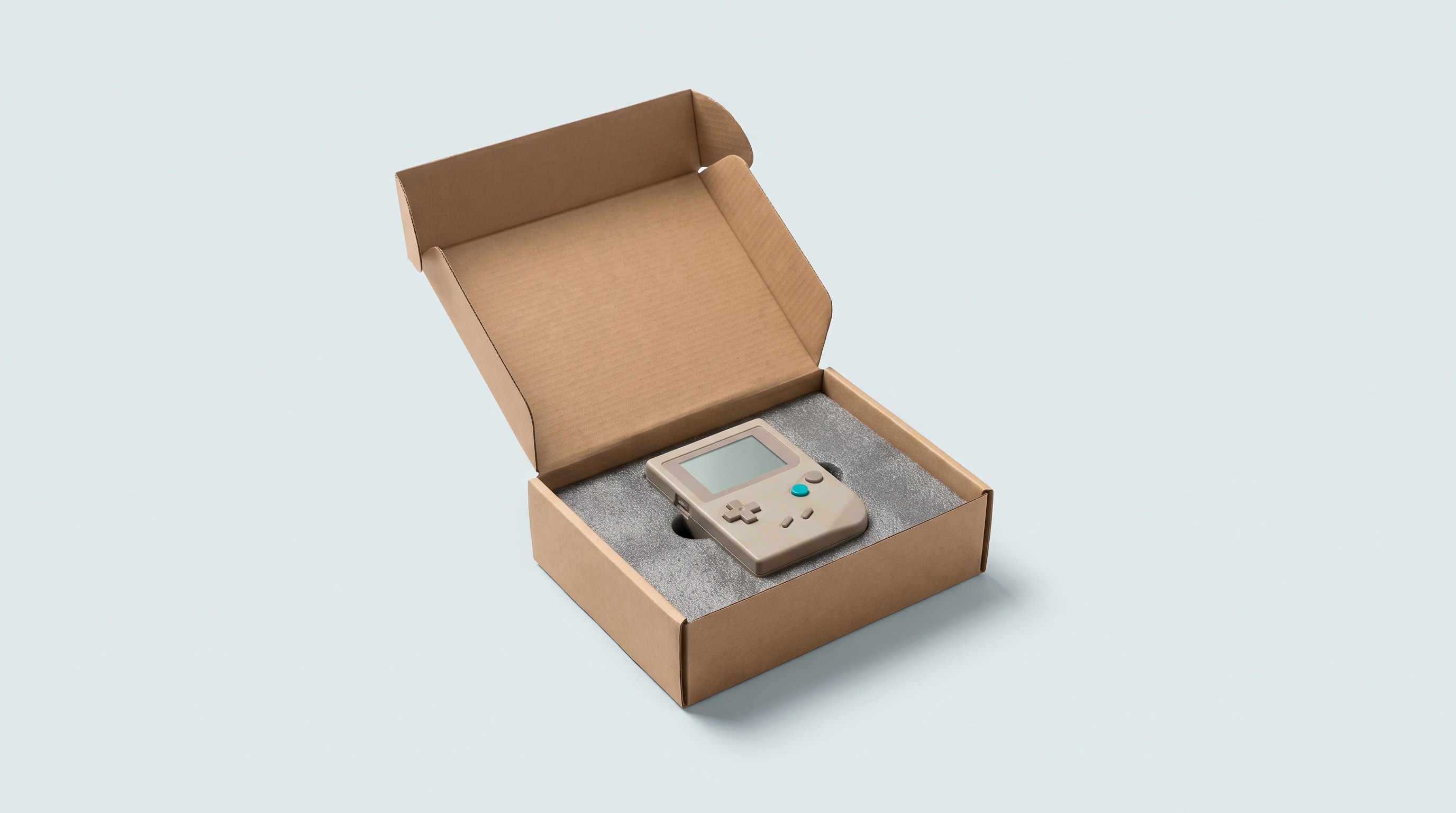 Console portable rétro seule dans sa boîte ouverte, entièrement vide par ailleurs