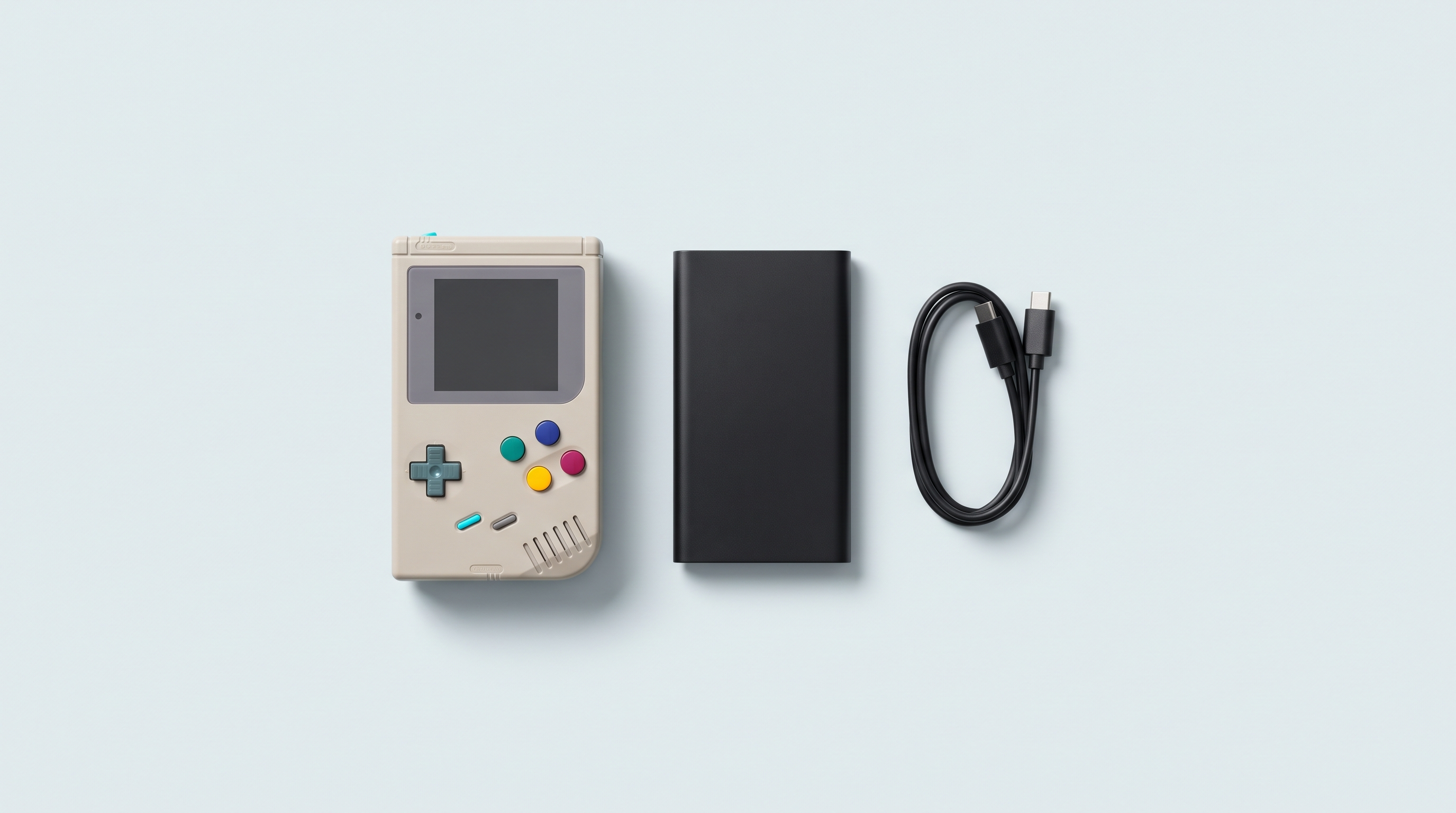 Console portable rétro à côté d'une batterie externe fine et d'un câble USB-C