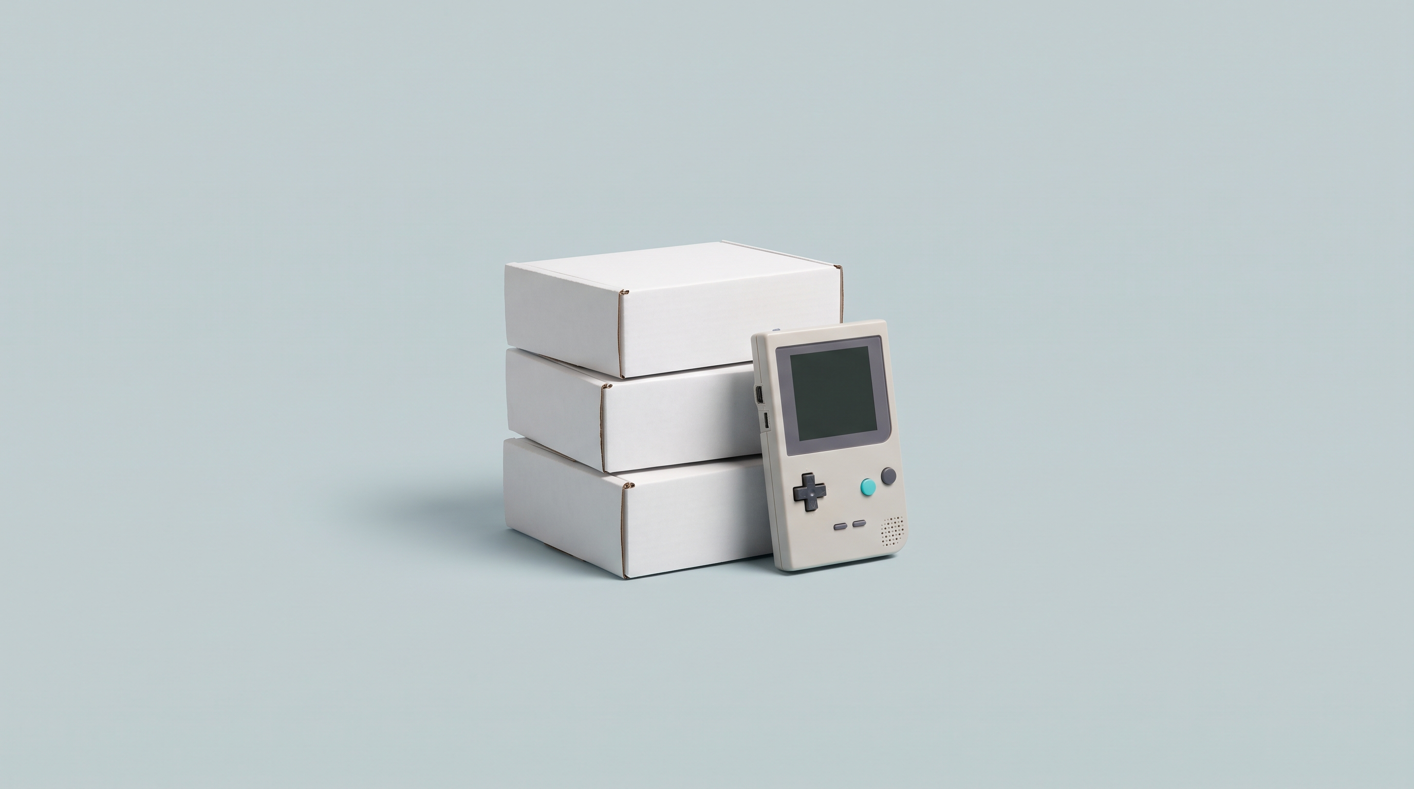 Trois boîtes cartonnées blanches empilées près d'une console portable rétro