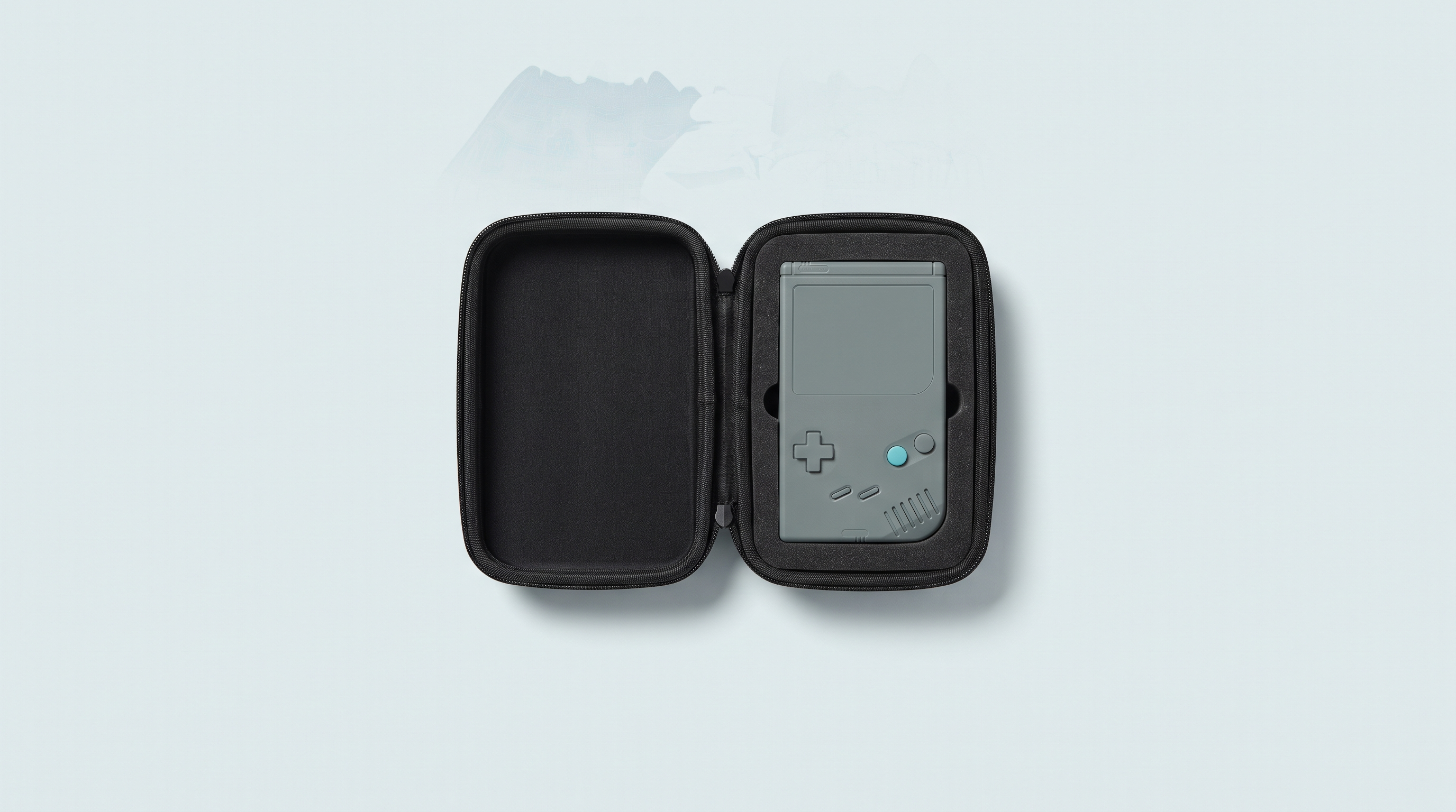 Étui rigide noir ouvert avec une console portable rétro logée dans sa découpe en mousse