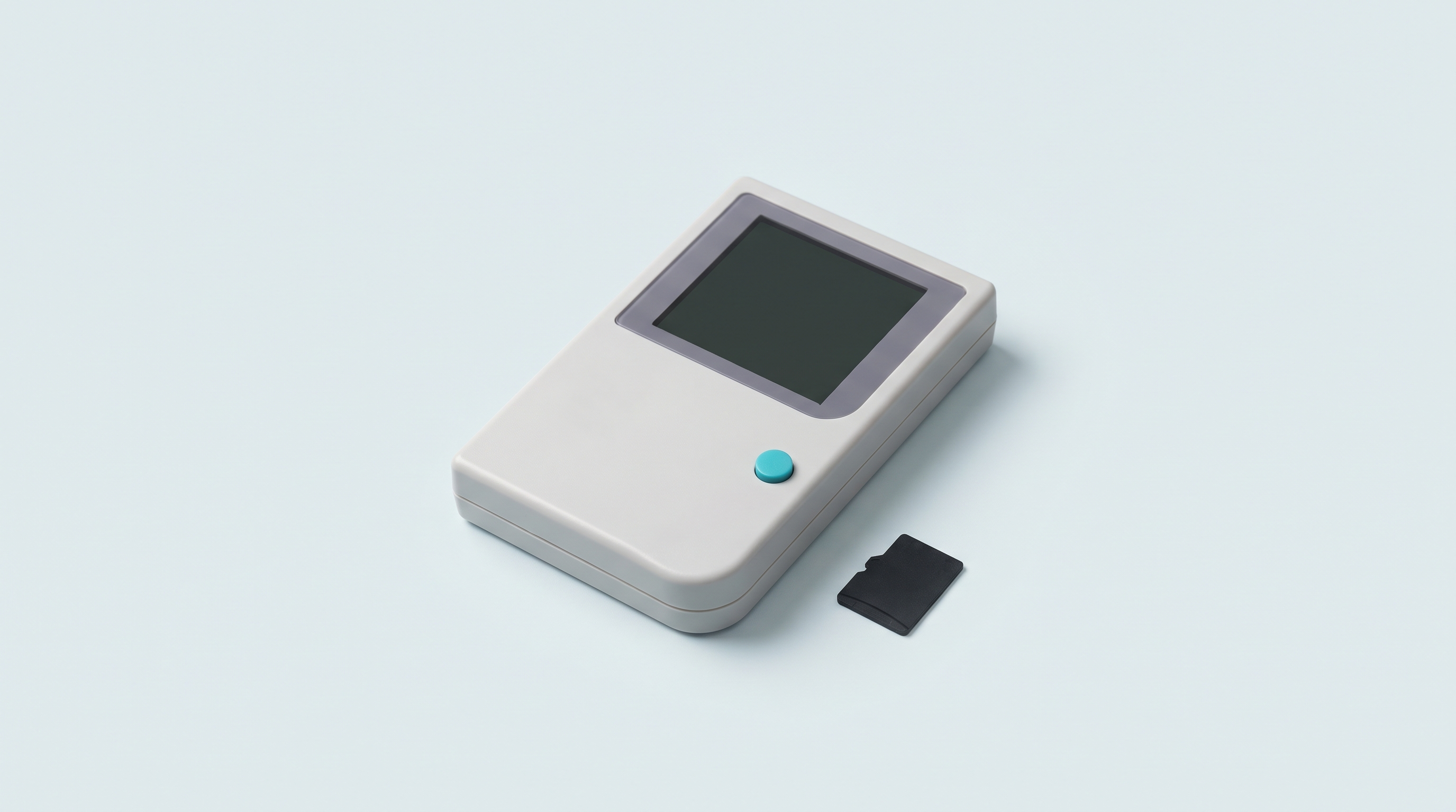 Console portable rétro compacte et simple, seule, avec une carte microSD posée à côté