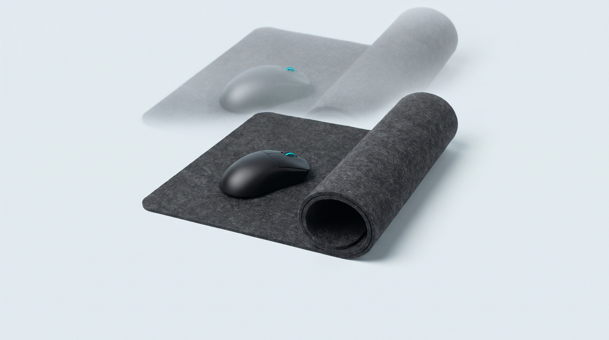 Grand tapis de souris en tissu noir à moitié déroulé, avec une souris gamer posée dessus