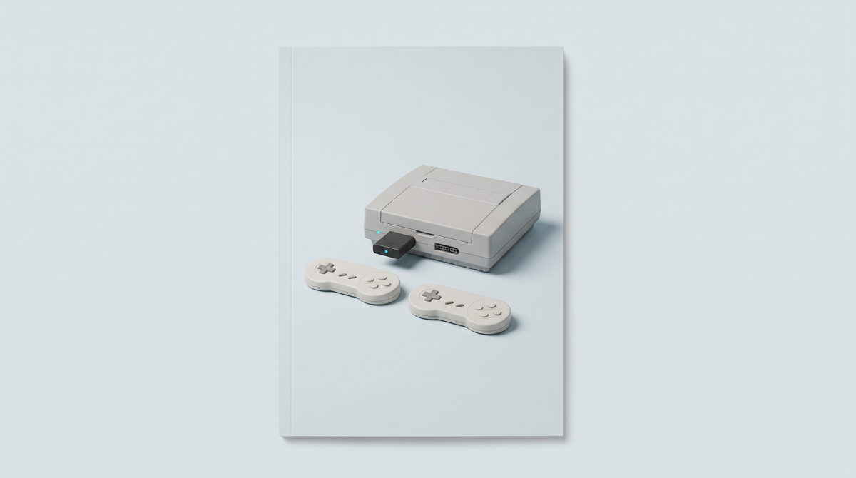 Console de salon rétro générique avec un récepteur sans fil branché et deux manettes sans fil