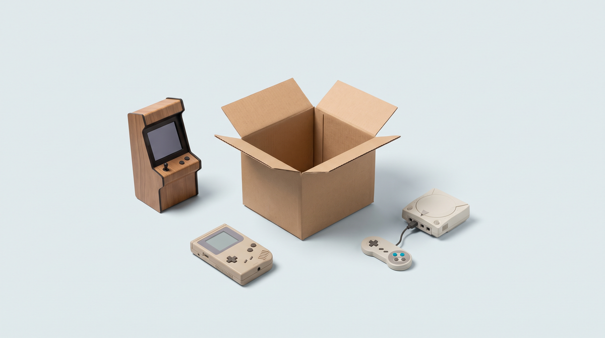 Un carton vide entouré de trois mini consoles rétro génériques