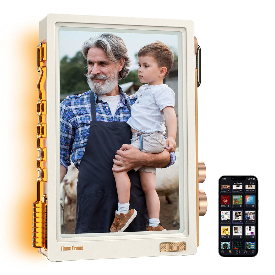 Divoom Times Frame blanc affichant une photo de famille