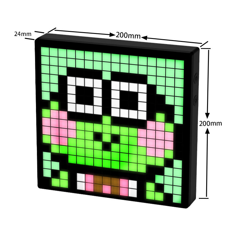 Écran pixel art à LED affichant une grenouille en pixels, avec ses cotes