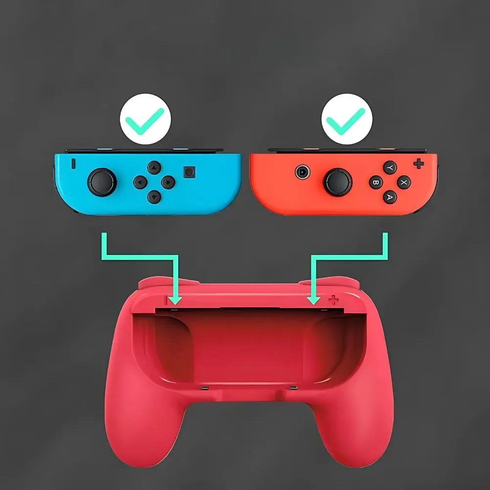 Adaptateur manette Switch rouge et bleu montrant la connexion des joy-cons Nintendo.