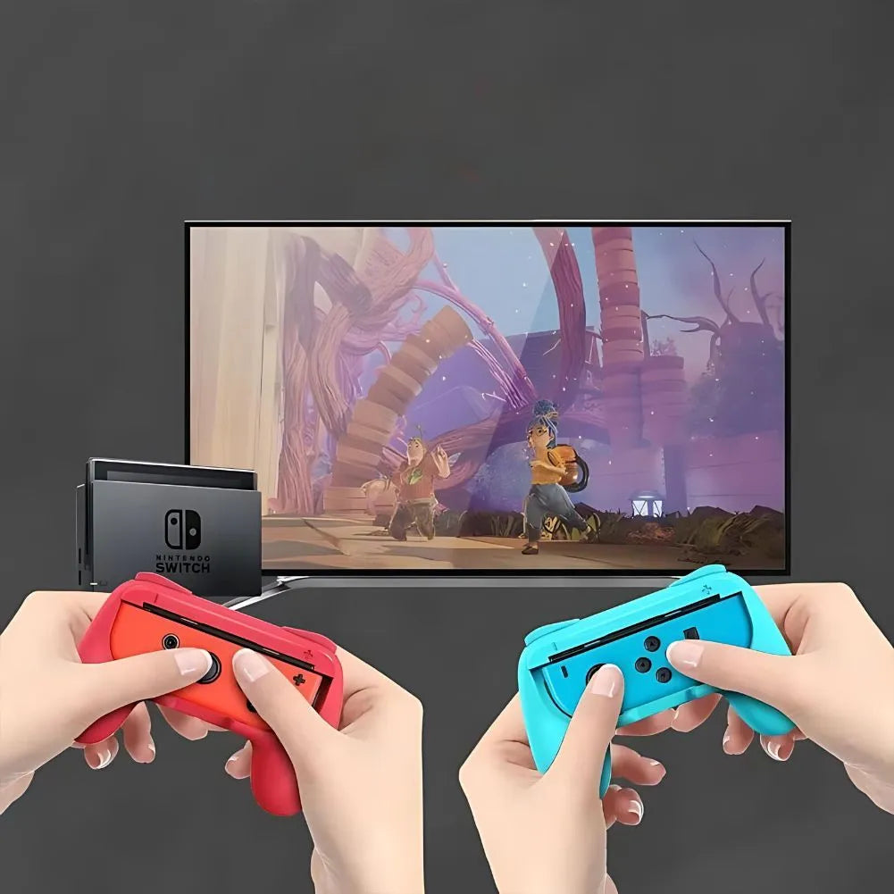 Joysticks rouges et bleus de Nintendo Switch, connectés à une télévision pendant une session de jeu.
