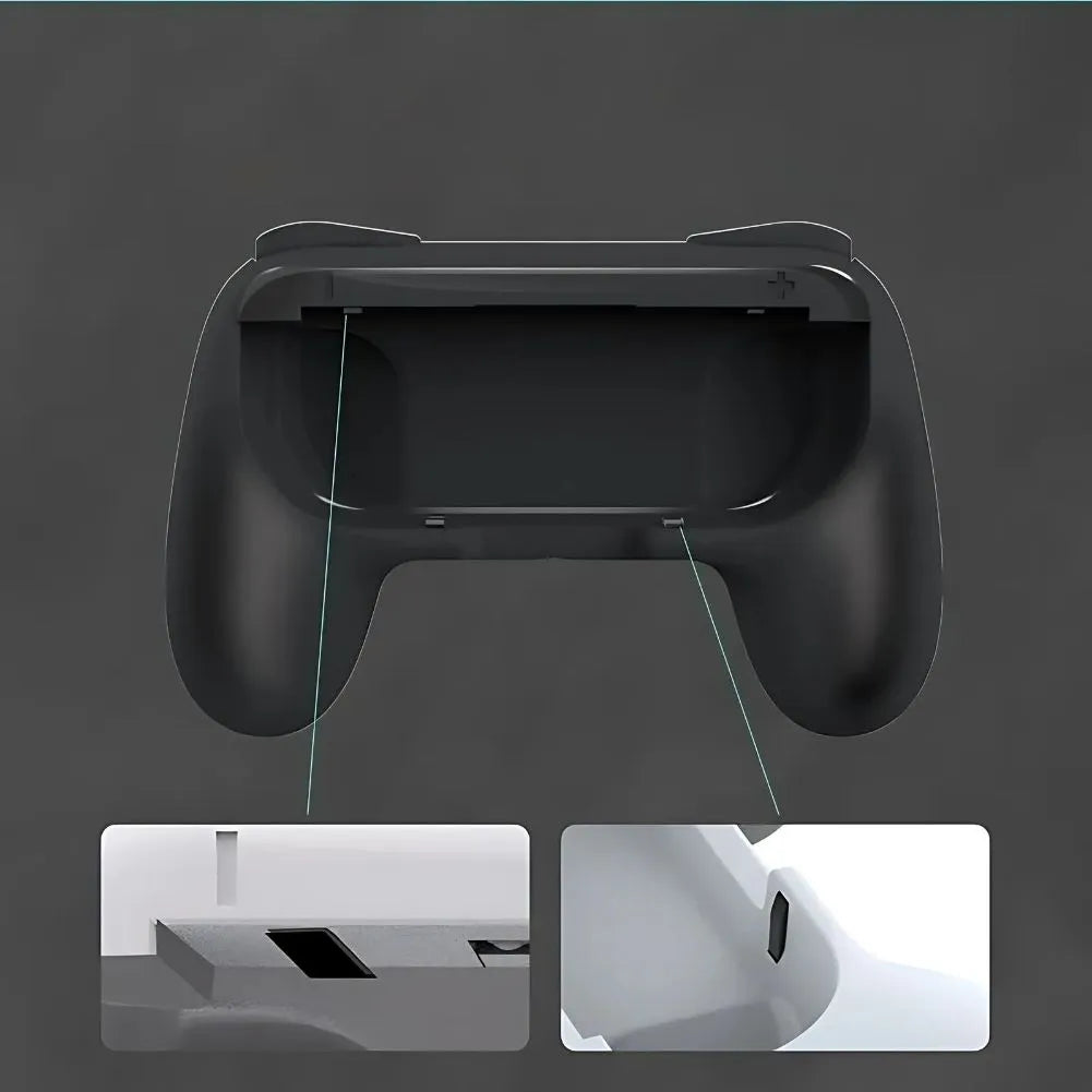 Vue arrière d'un adaptateur manette Switch, mettant en avant les ports de connexion et le design ergonomique.