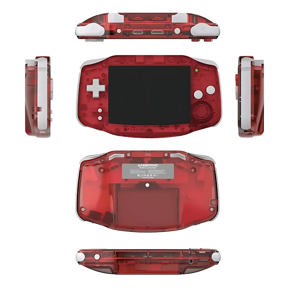 Anbernic RG34XX retro gaming console in transparent red, showcasing top, bottom, and side views.