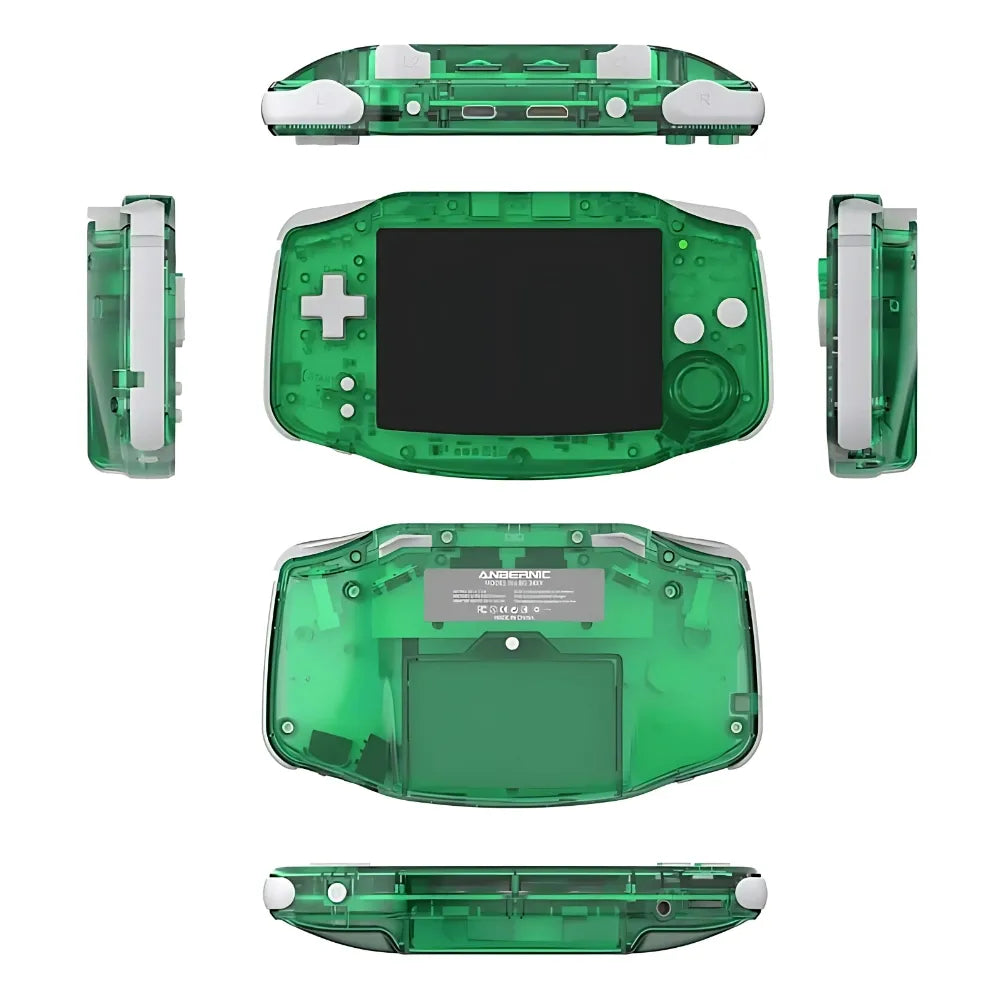 Anbernic RG34XX console in transparent green, showcasing its design and features for retro gaming.