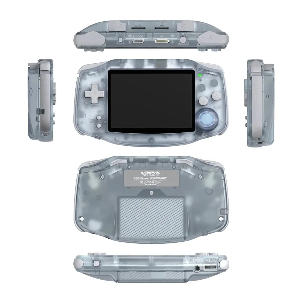 Anbernic RG34XX retro gaming console showing its transparent design and components surrounding the device.