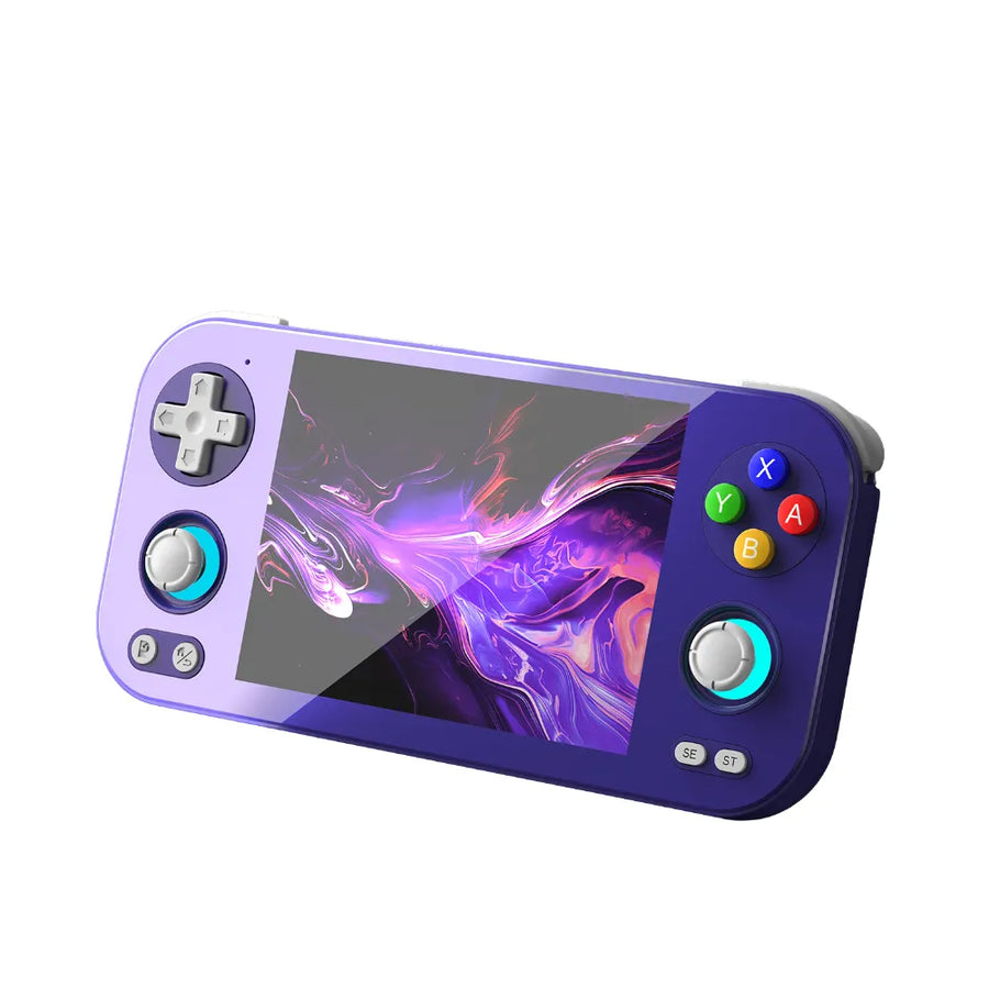 Anbernic RG476H - Console portable rétrogaming avec écran 4,7", design violet, boutons colorés et ergonomiques.