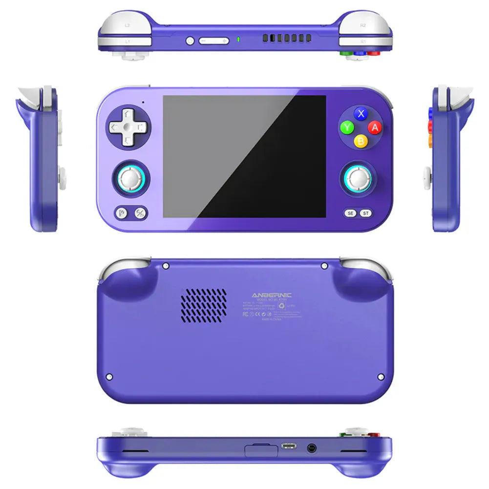 Anbernic RG476H - Console portable rétrogaming vue de dessus et de côté, design violet, boutons et écran affiché.