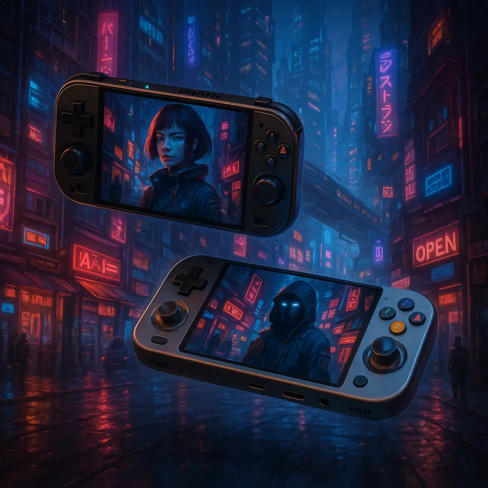 Console portable ANBERNIC RG477M affichant des personnages dans une ville futuriste, ambiance sombre et lumineuse.