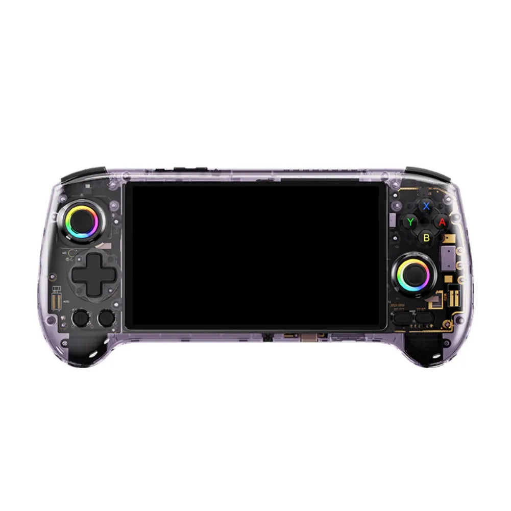 Manette transparente de la console Anbernic RG557, équipée d'un écran AMOLED et de contrôleurs colorés.