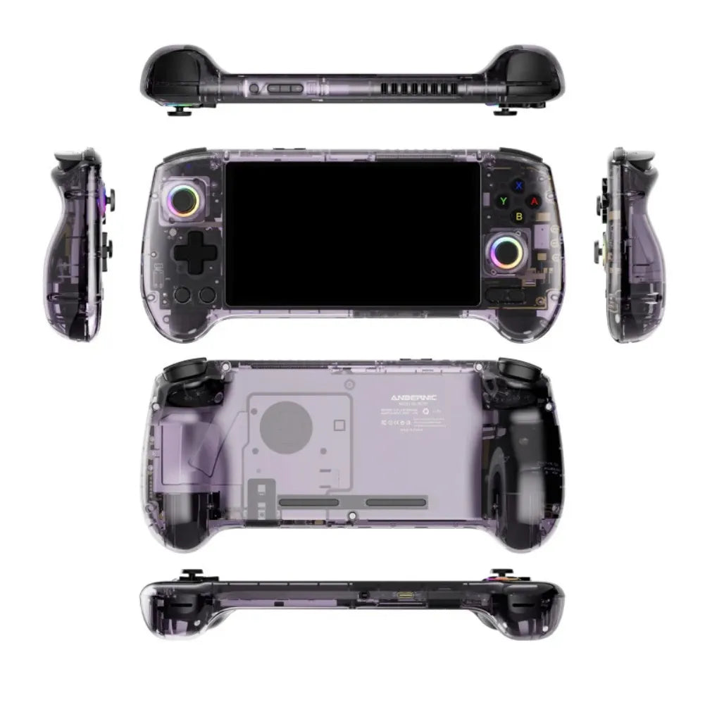 Vue du contrôleur Anbernic RG557 transparent, montrant les boutons et l'écran AMOLED.