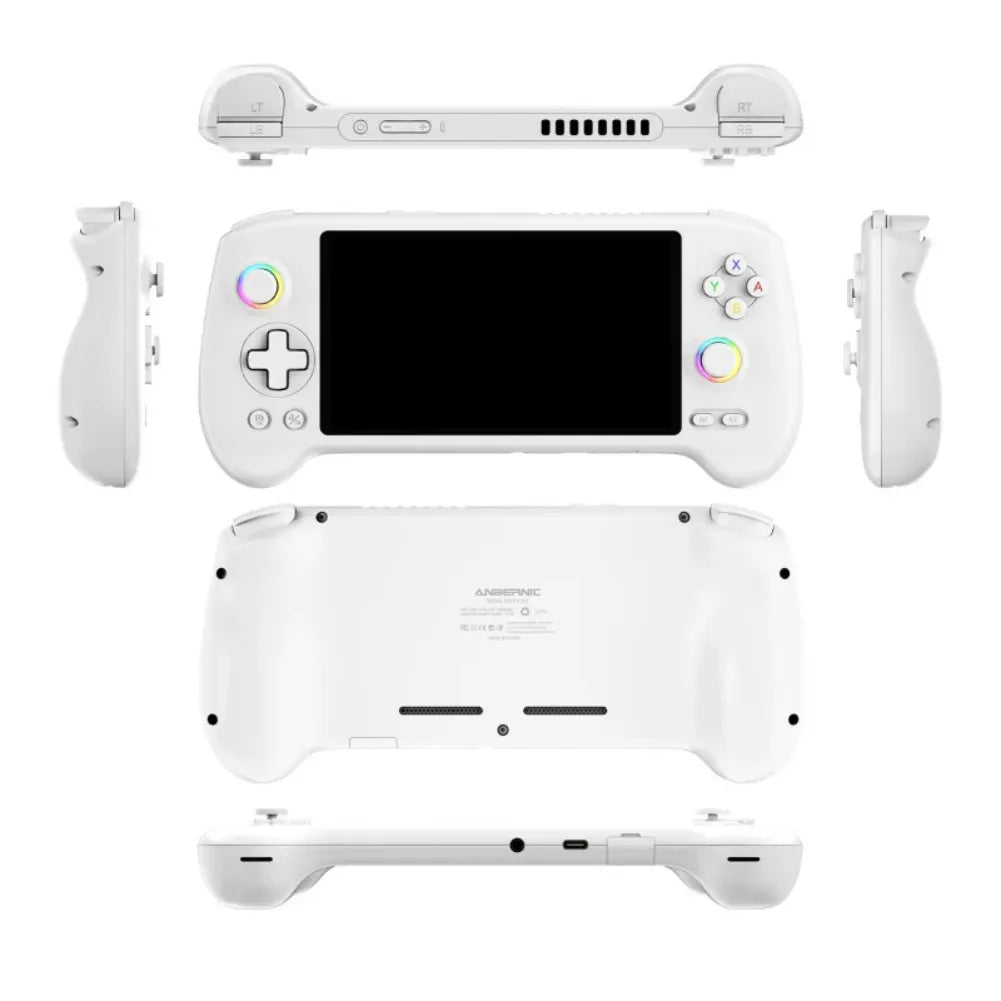 Manette de jeu Anbernic RG557 vue de dessus, de côté et par derrière, design ergonomique en blanc.