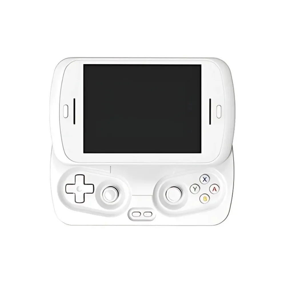 Manette de jeu Anbernic RG SLIDE avec écran blanc, boutons de contrôle et design compact.