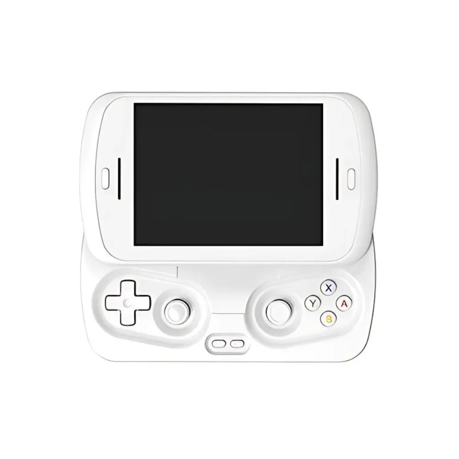 Manette de jeu Anbernic RG SLIDE avec écran blanc, boutons de contrôle et design compact.