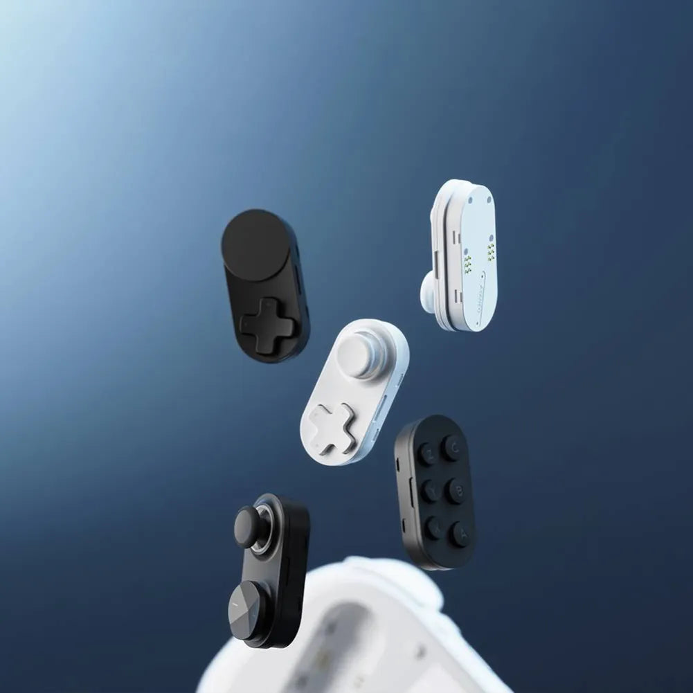 Contrôleurs modulaires AYANEO 3 AMD Ryzen™ AI, en noir et blanc, flottant sur fond dégradé.