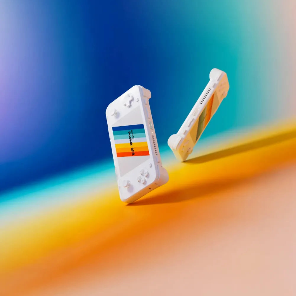 AYANEO Pocket ACE G3x Gen 2 en vue dynamique avec un écran coloré en arrière-plan.