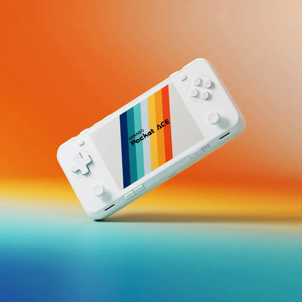 AYANEO Pocket ACE G3x Gen 2 en blanc sur fond dégradé orange et bleu, prêt pour le jeu.
