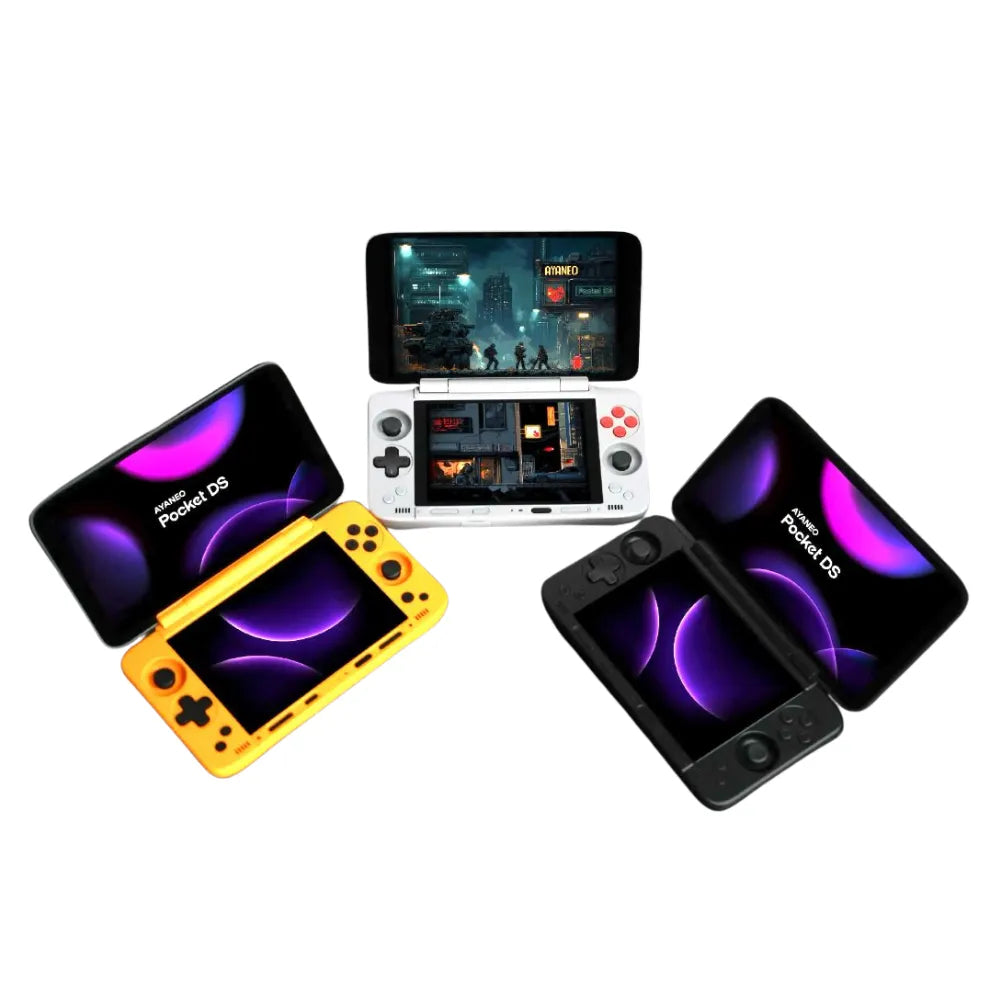 AYANEO Pocket DS – Double écran, émulation & jeux, trois consoles portables affichant des jeux.