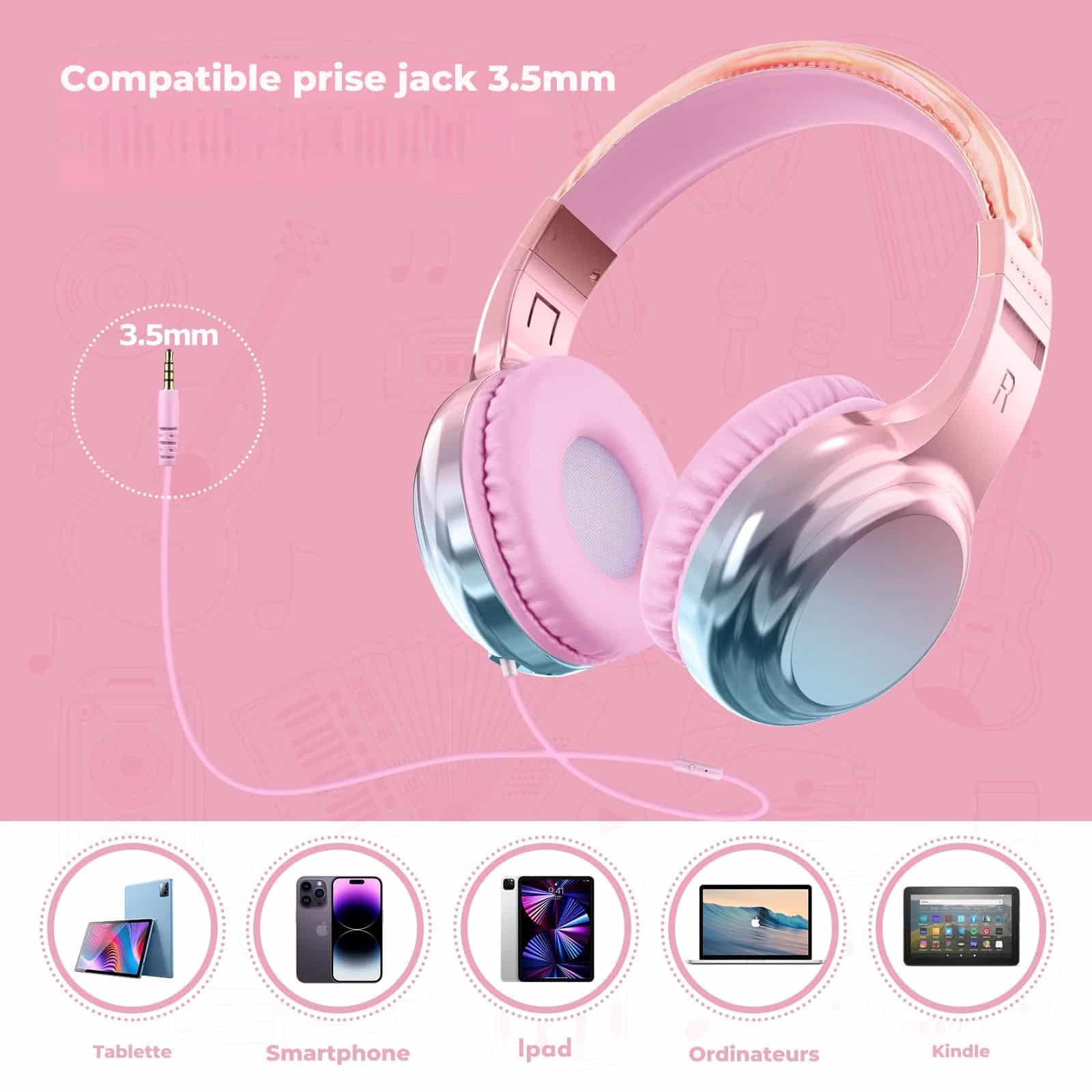 Le casque audio enfant est compatible avec tous les appareils compatible jack 3.5mm