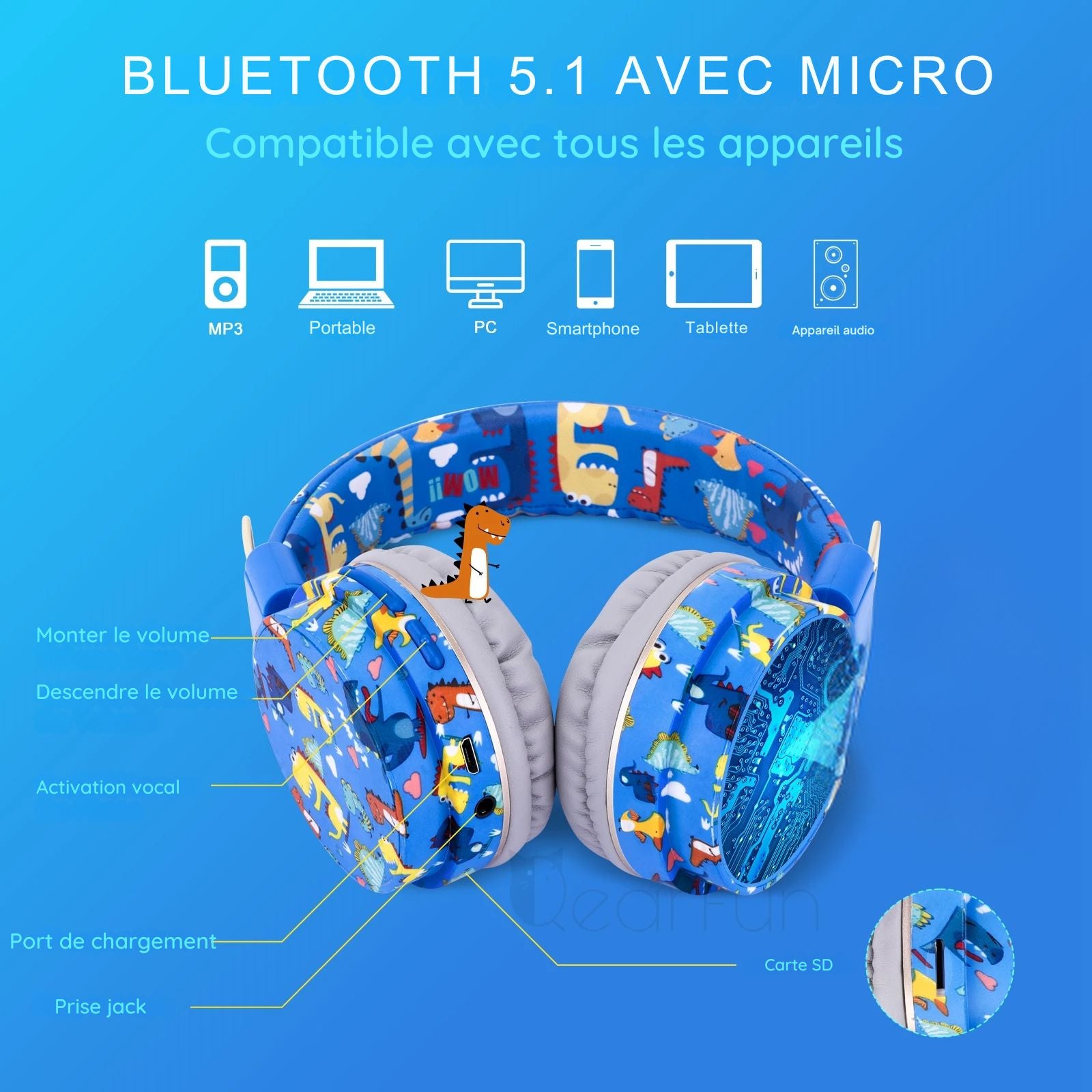 Casque audio enfant compatible avec tous les appareils bluetooth