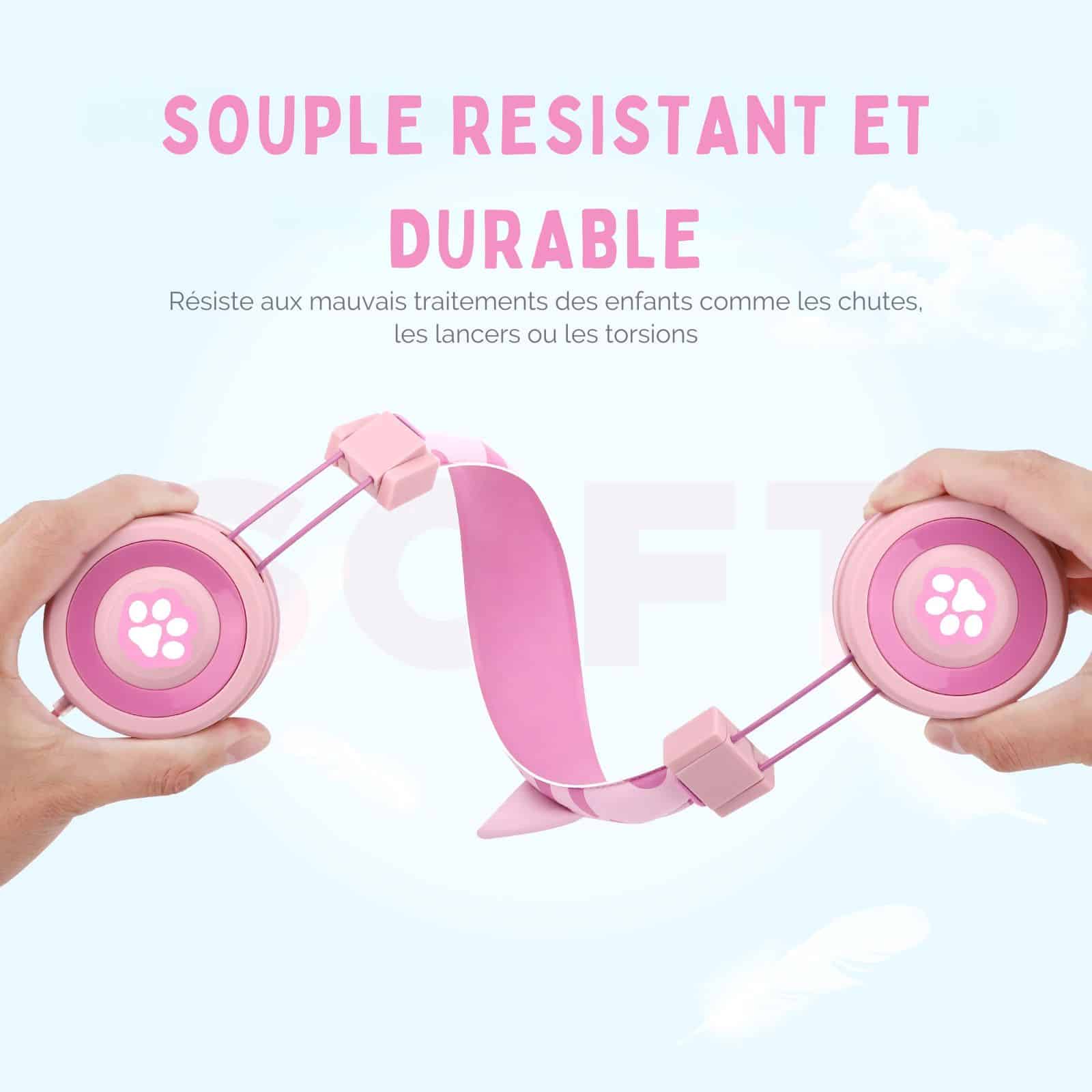 Casque audio enfant chat rose souple et résistant résiste aux torsions