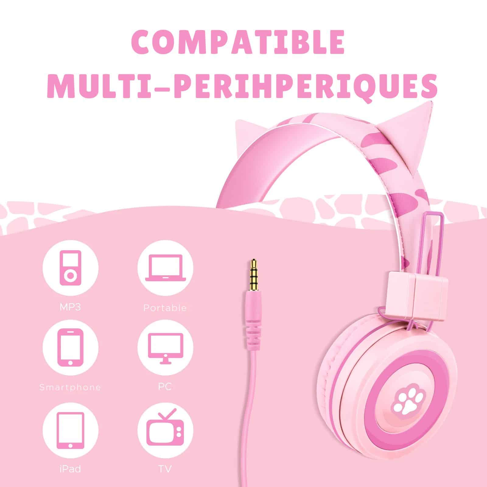 Casque audio enfant chat rose compatible avec plusieurs périphériques