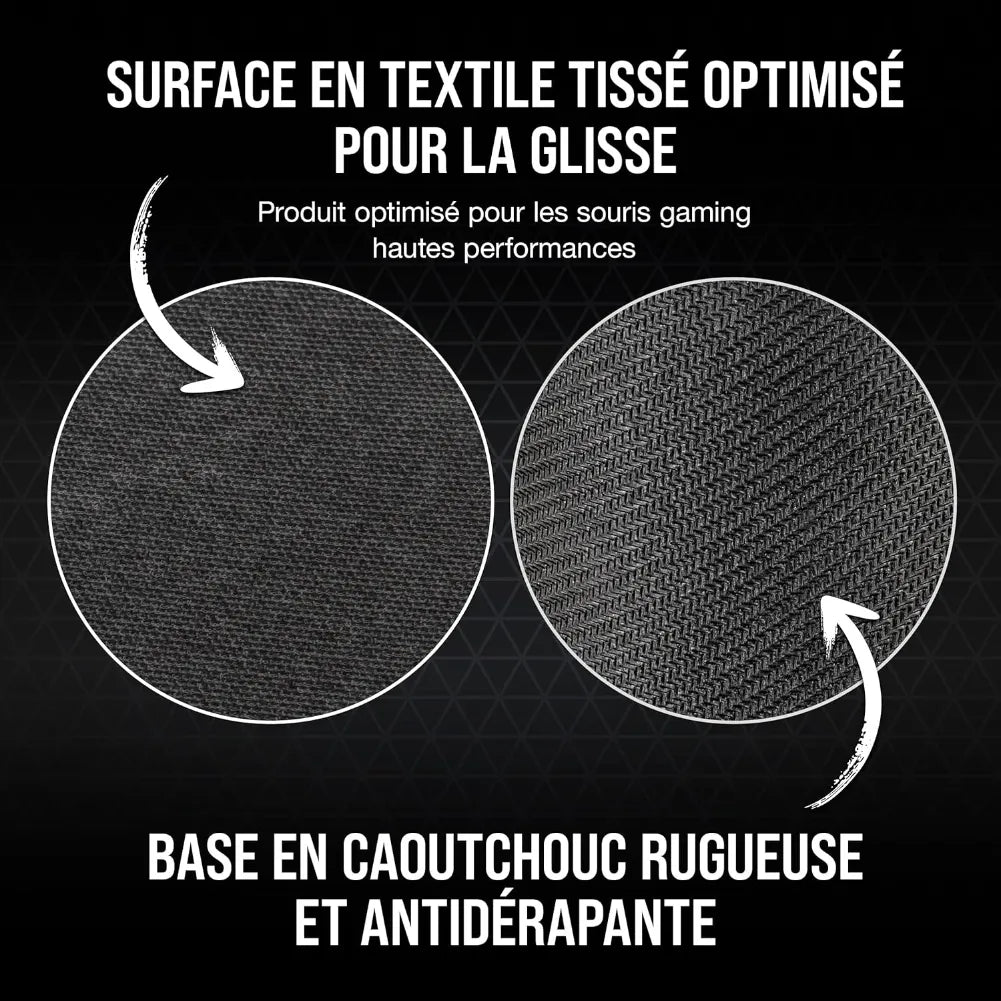 Texte en français sur surface textile optimisée et base antidérapante du tapis de souris gaming Corsair MM700.
