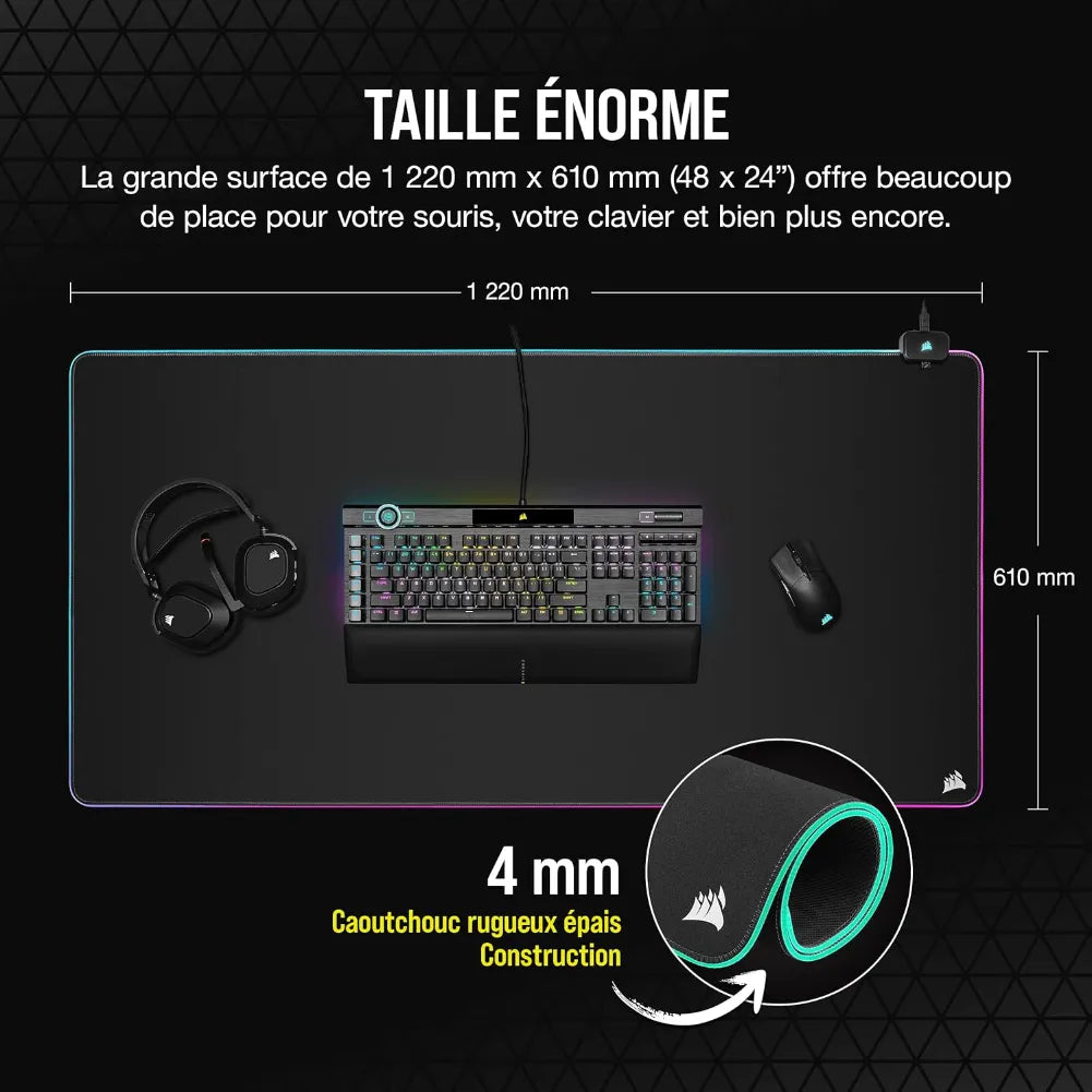 Corsair MM700 RGB Extended 360° gaming mouse pad with large surface and integrated USB hub.