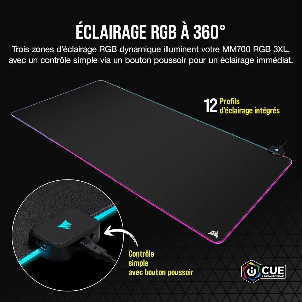 Corsair MM700 RGB Extended gaming mouse pad with 360° RGB lighting and USB control button.