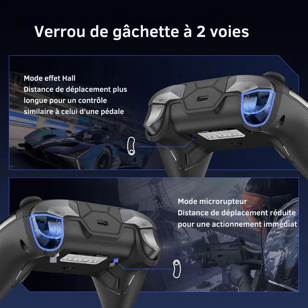 Verrou de gâchette à 2 voies de la EasySMX D10 Noir Manette gaming multiplateforme avec mode effet Hall et mode micro-interrupteur.