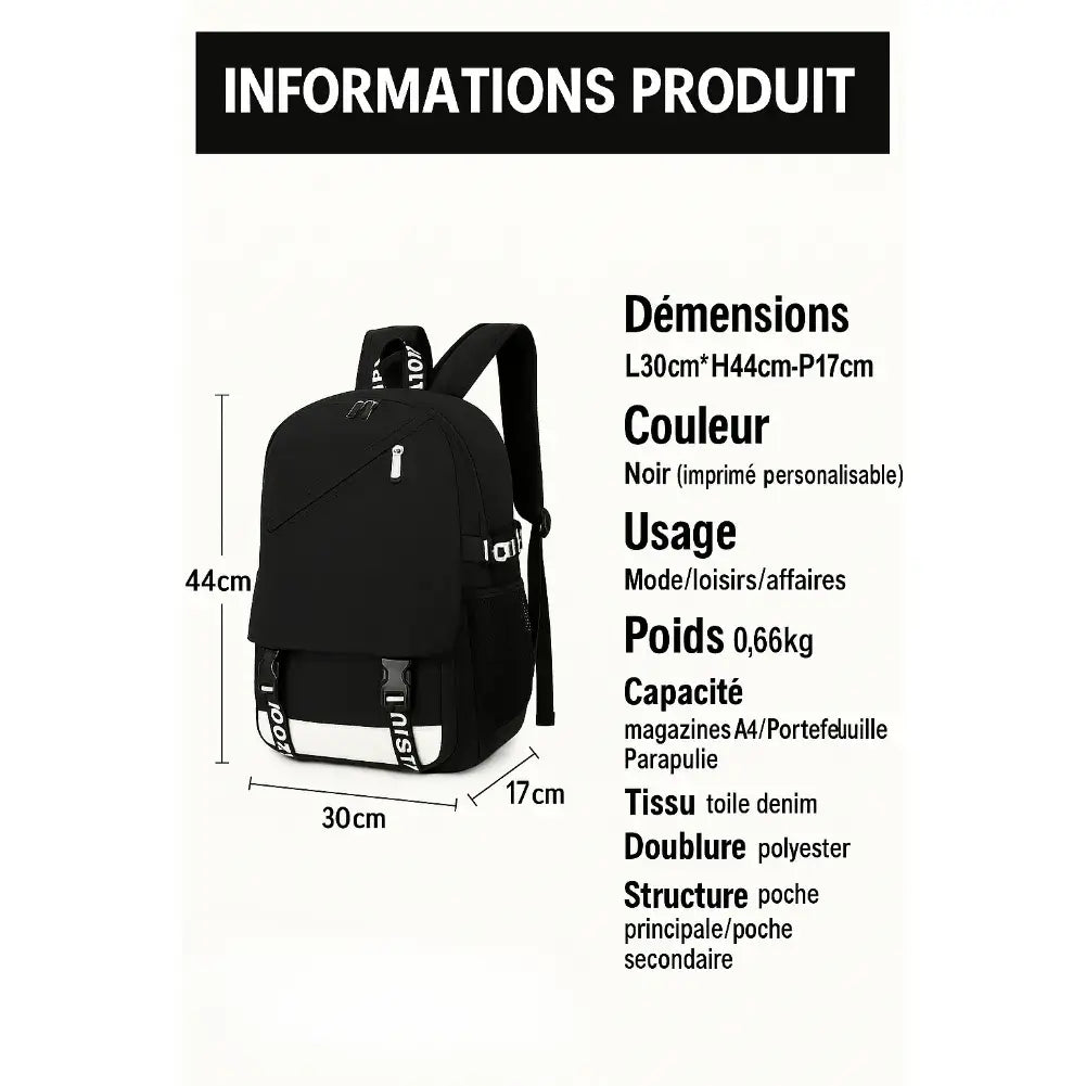 Sac à dos ordinateur avec dimensions et caractéristiques, en noir, adapté pour étudiants et loisirs.