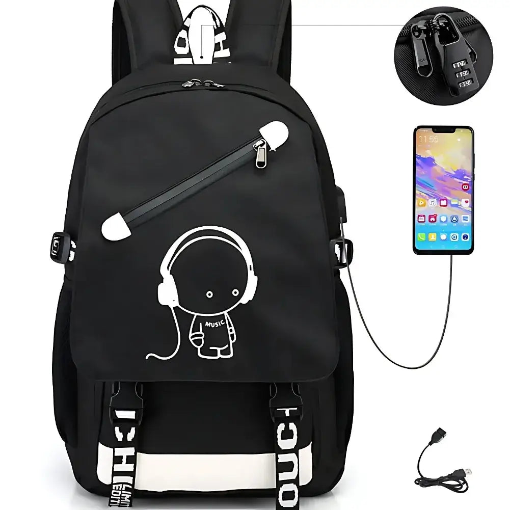 Sac à dos ordinateur portable STEM en noir avec port USB et design moderne, idéal pour étudiants et gamers.
