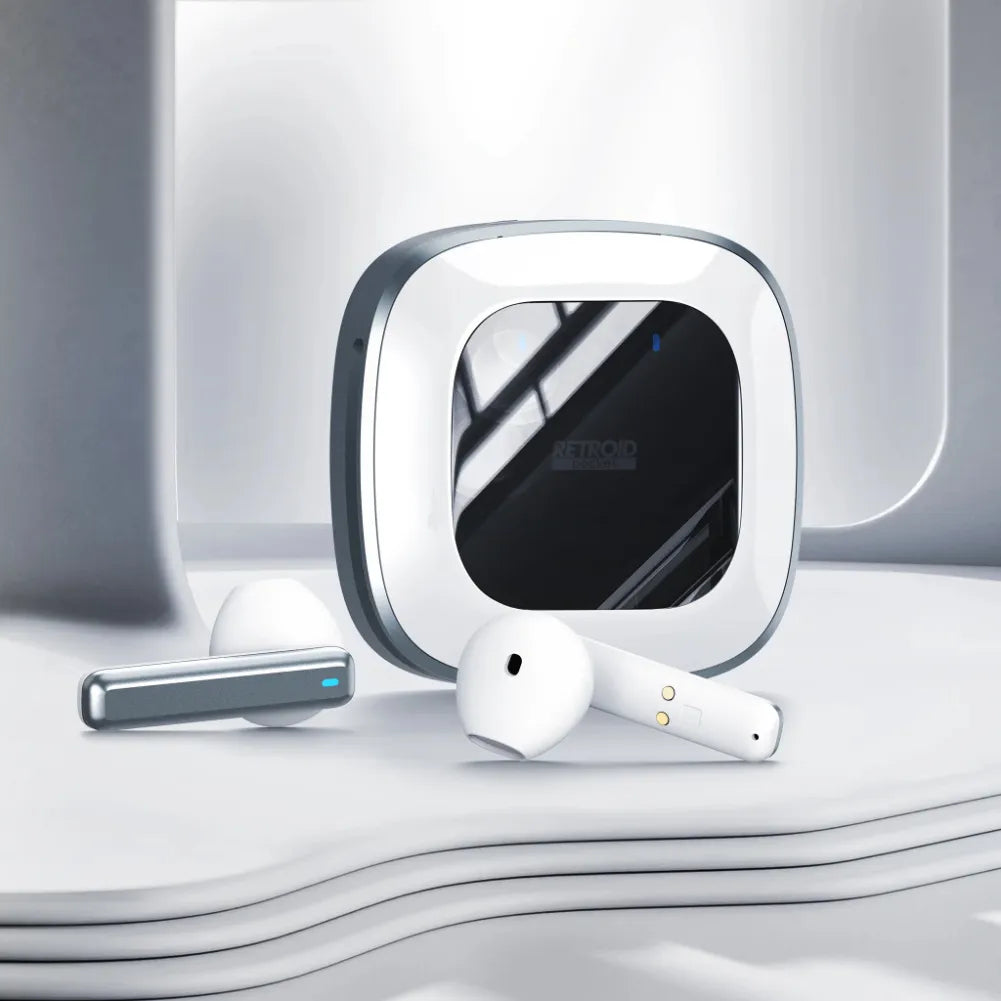 Écouteurs Bluetooth Retroid Pocket avec boîtier de chargement, design moderne et technologie sans fil.