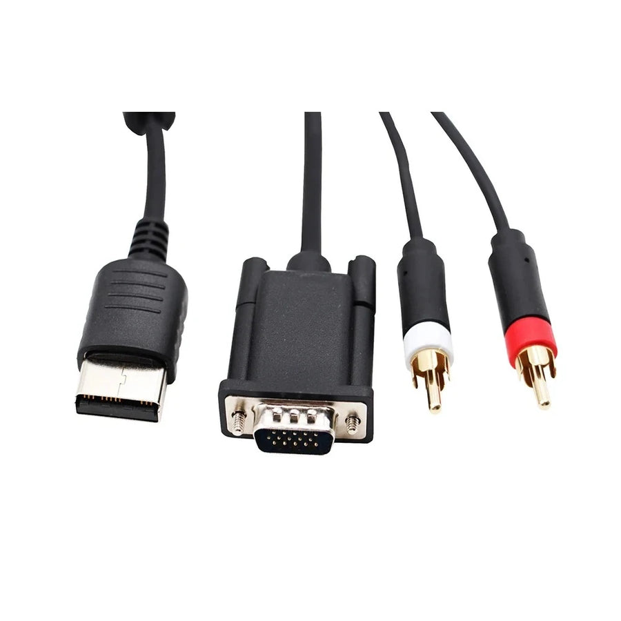Connecteurs du câble VGA Dreamcast : prise console, VGA mâle et deux RCA audio