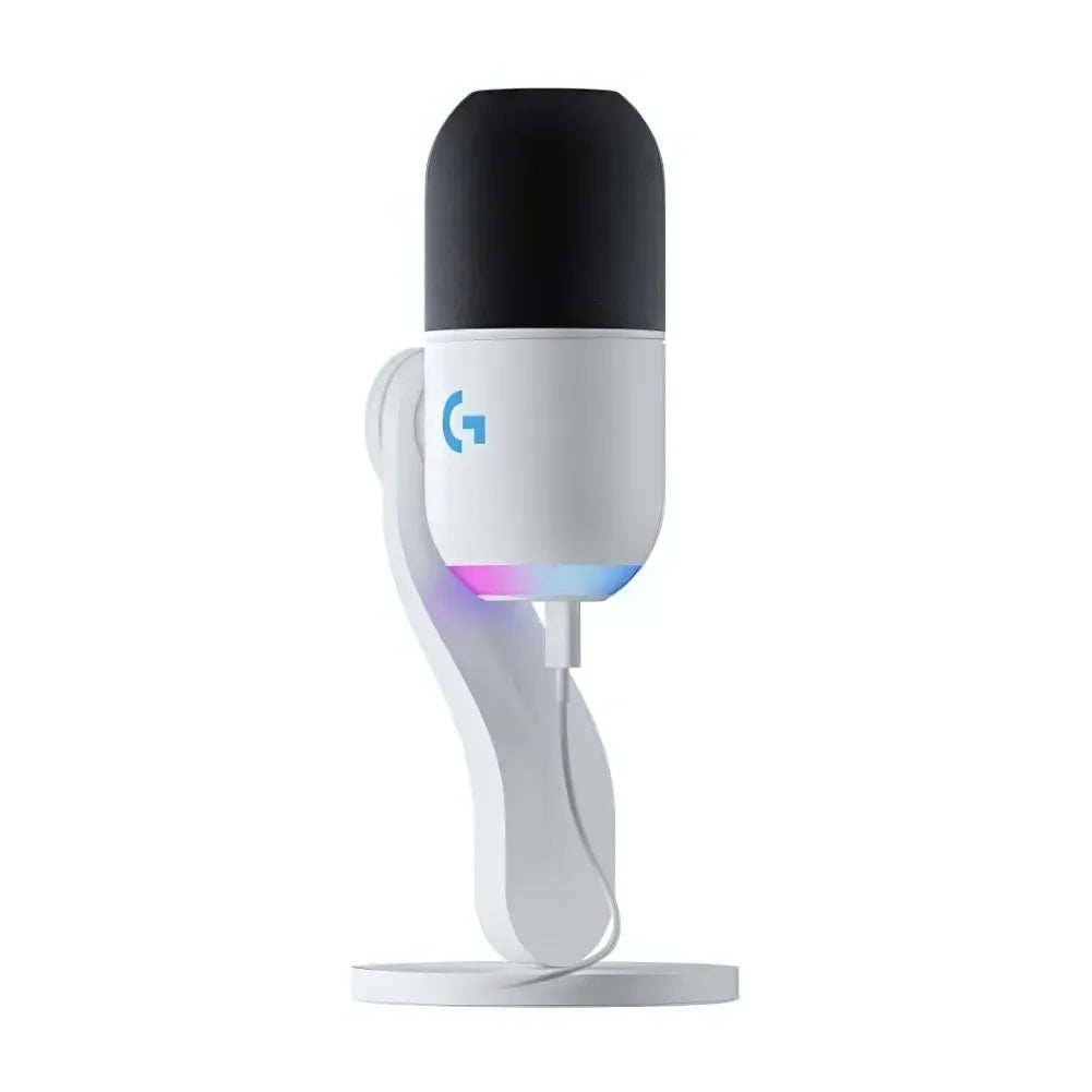 Vista frontale del microfono Logitech G Yeti GX White con effetti RGB.