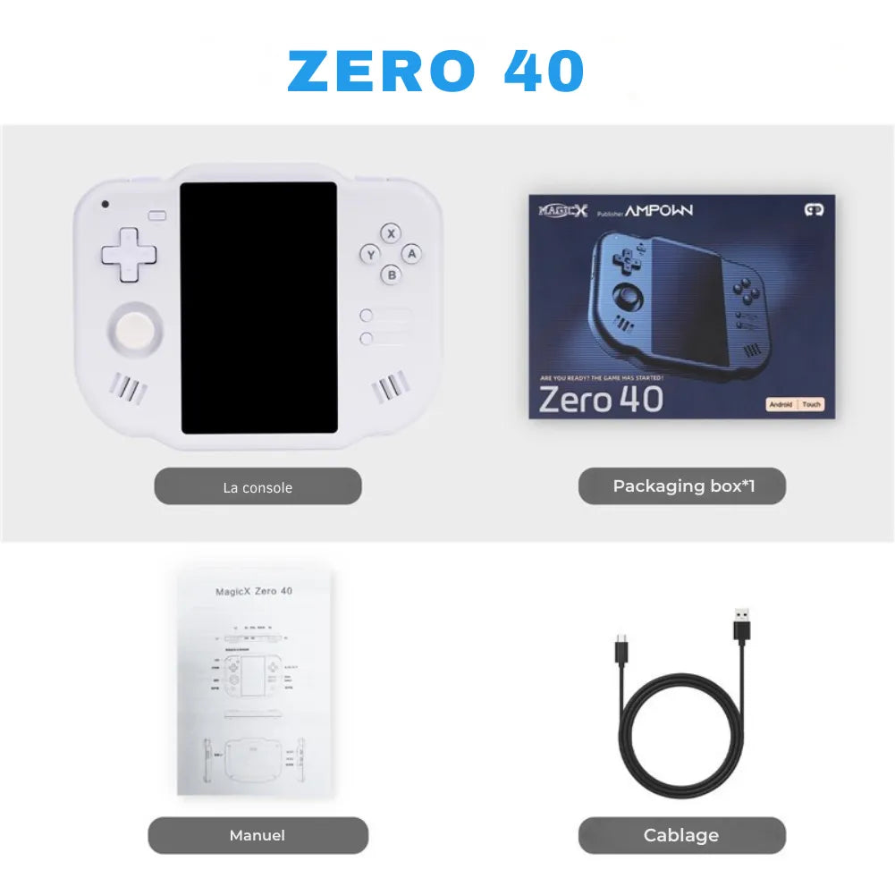 Image de la Magicx Zero 40 Console retrogaming android avec accessoires, incluant manuel et câblage.