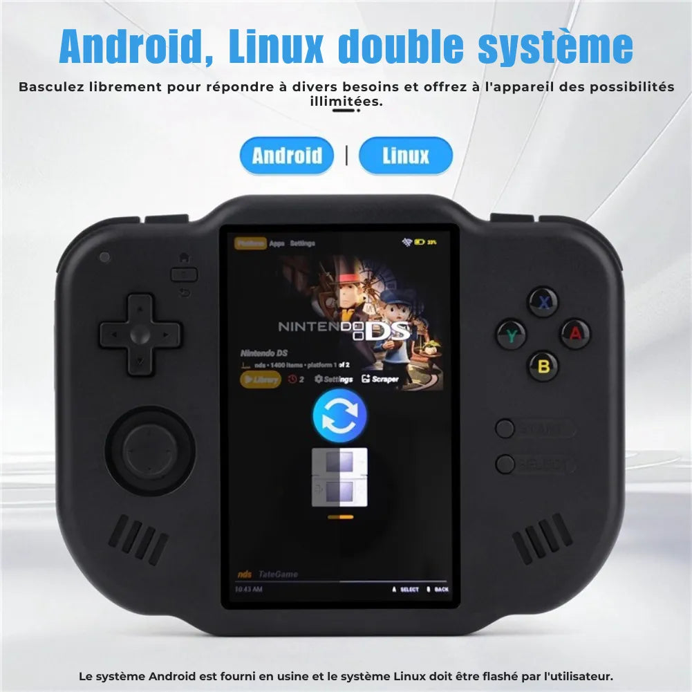 Magicx Zero 40 Console retrogaming android avec écran affichant Android et Linux double système.