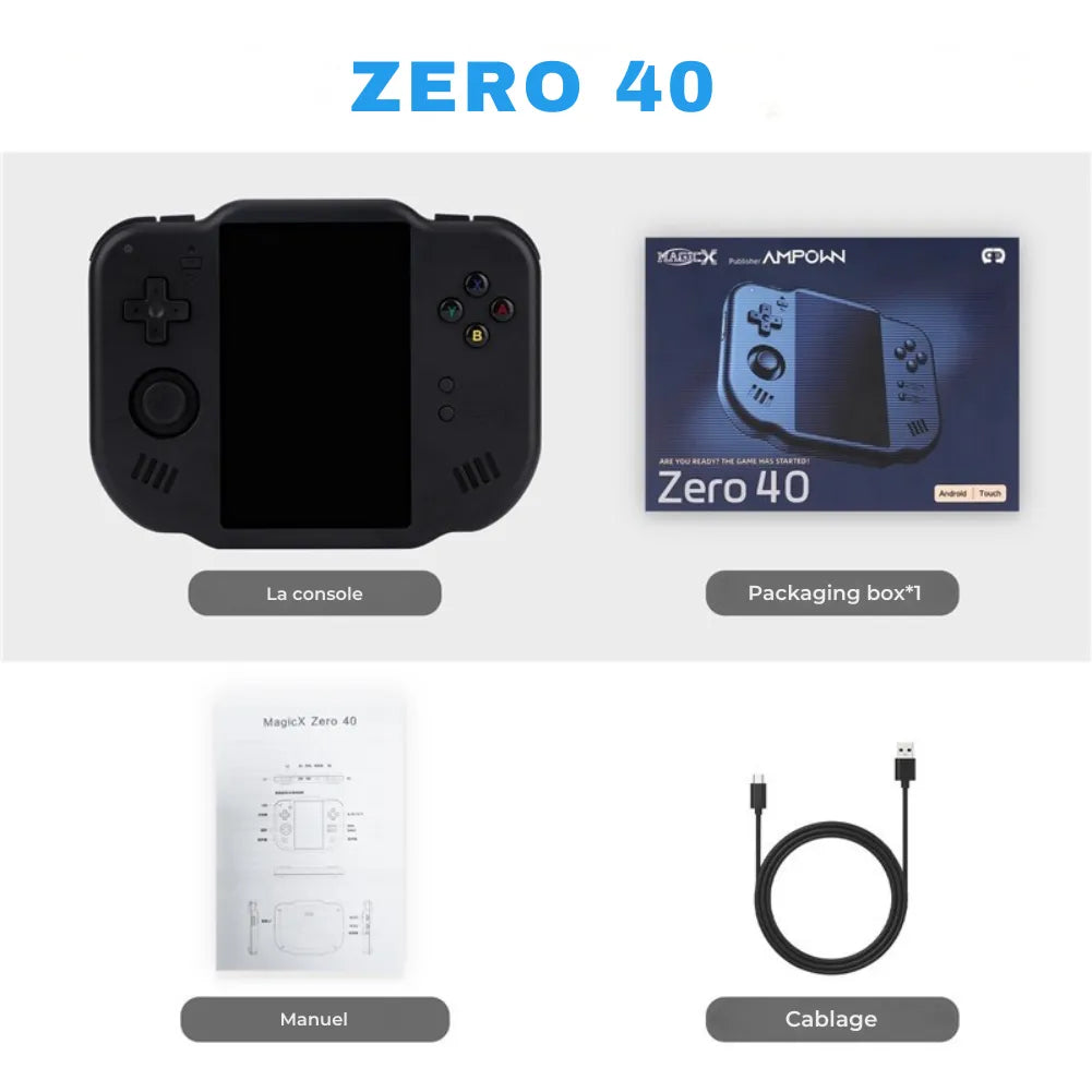 Magicx Zero 40 Console retrogaming android avec la console, boîte, manuel et câblage.