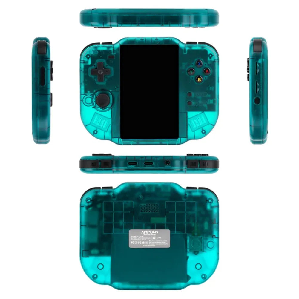 Magicx Zero 40 Console retrogaming android vue de plusieurs angles, design transparent, écran 4.0", boutons et connectivité.
