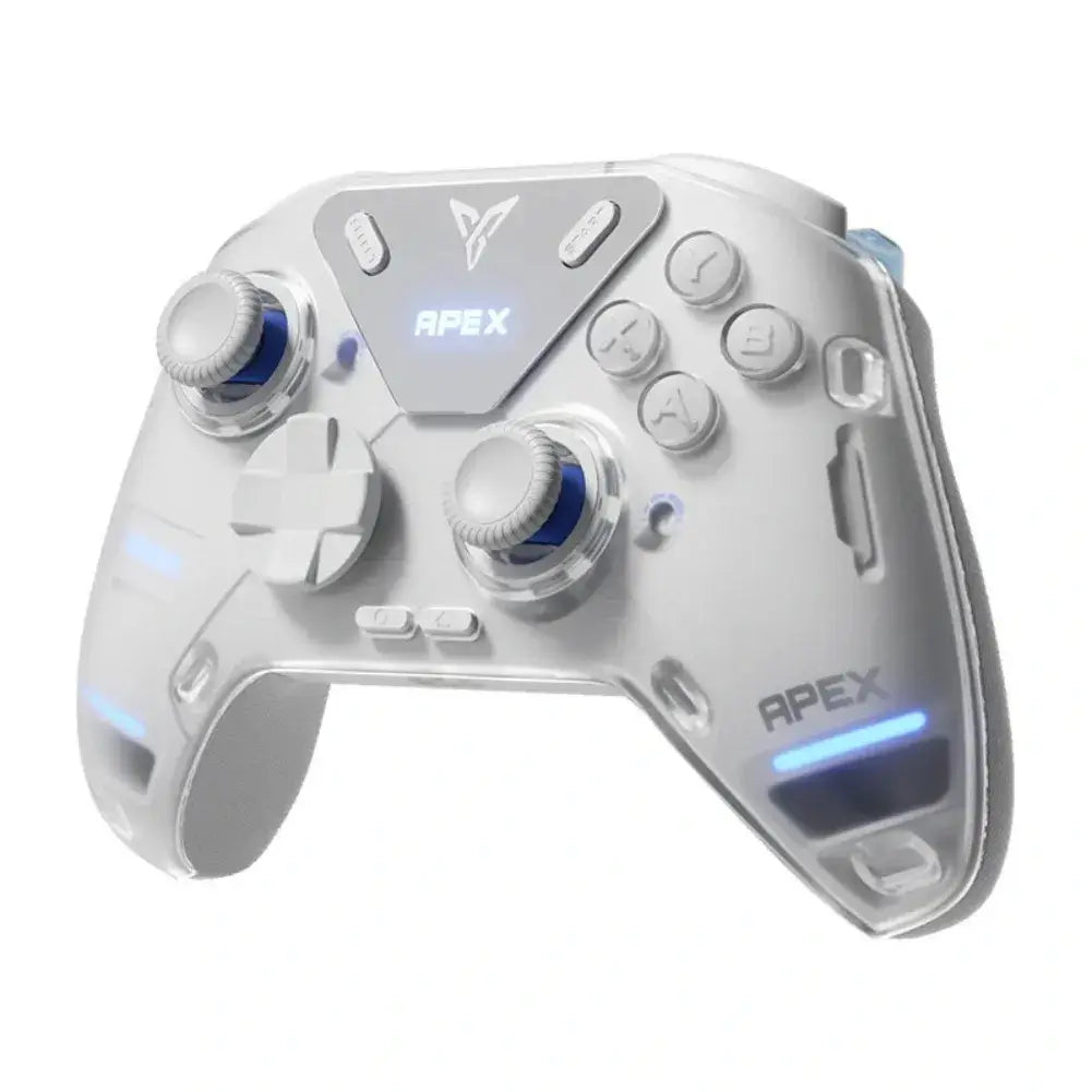 Flydigi Apex 4 wireless gaming controller with adjustable joysticks and interactive LCD screen.