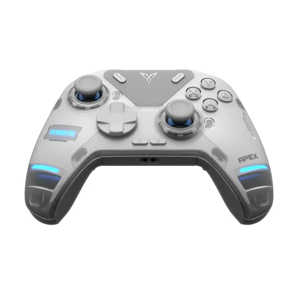Flydigi Apex 4 wireless gaming controller with adjustable joysticks and illuminated design.